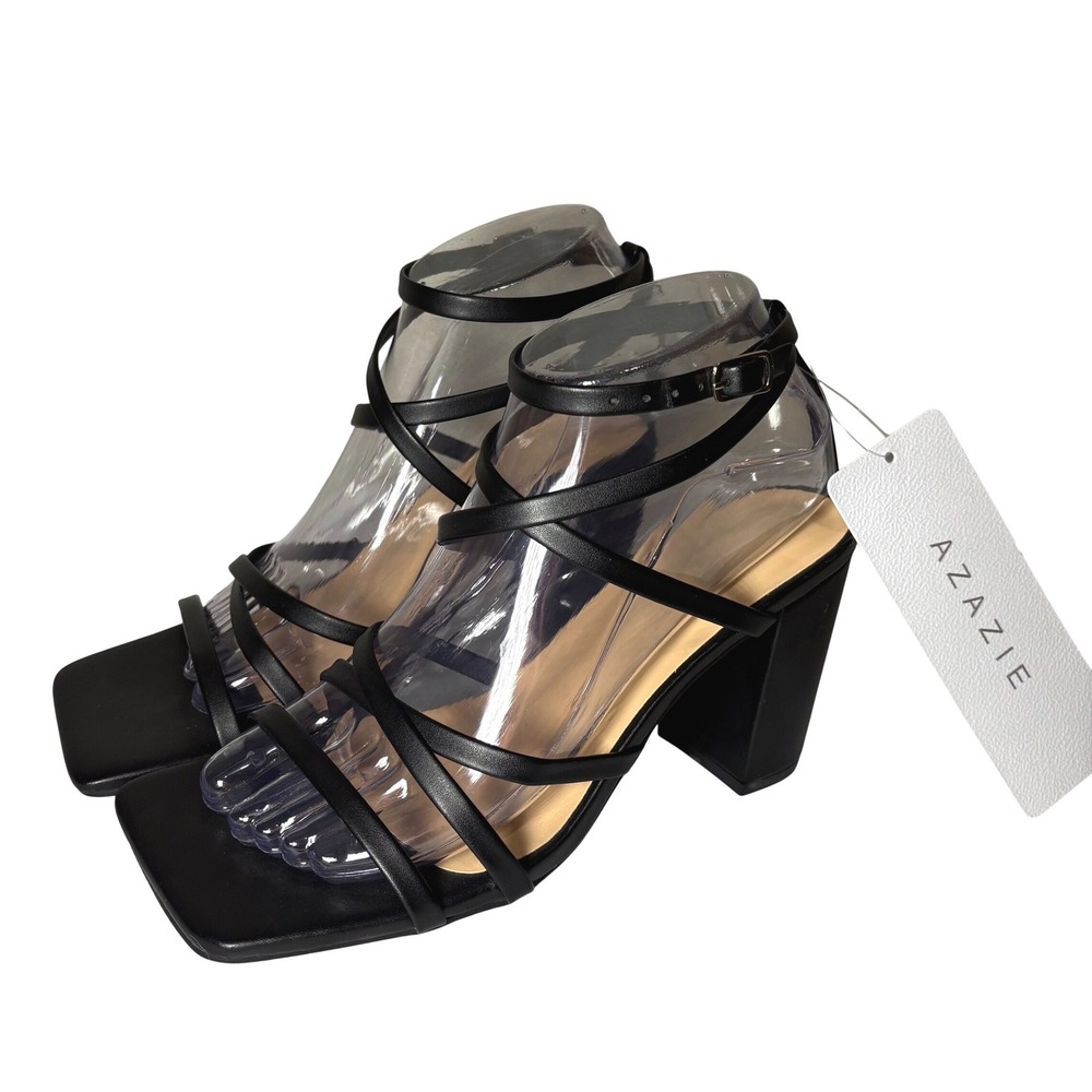 Azazie Cross Strappy Ankle Strap Block Heels Black Square Toe Sandals Size 37